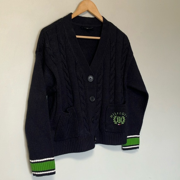NWOT Tommy Hilfiger Navy Blue Cable Knit Cardigan with Green Accents - Picture 3 of 8